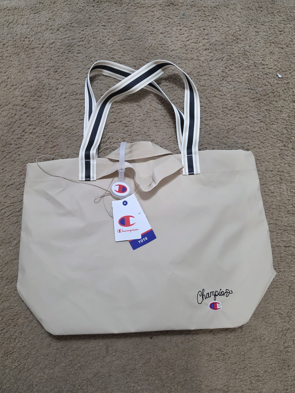 Large Champion Beige Tote Bag with Striped Handles